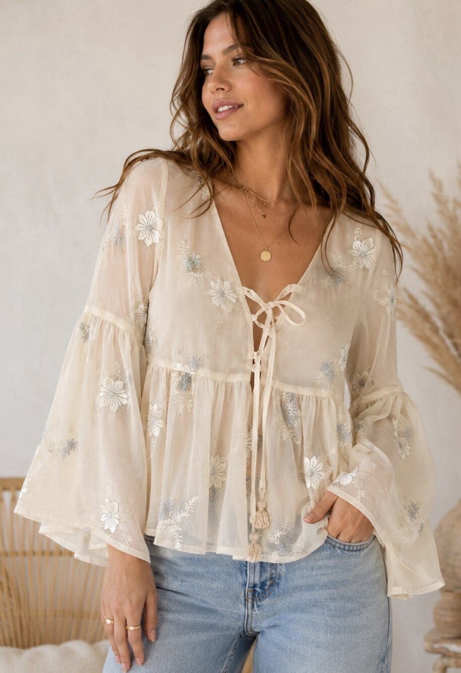 Show Me Your Mumu Poet Tie Top Womens M Ivory Floral Embroidery Bell Sleeve